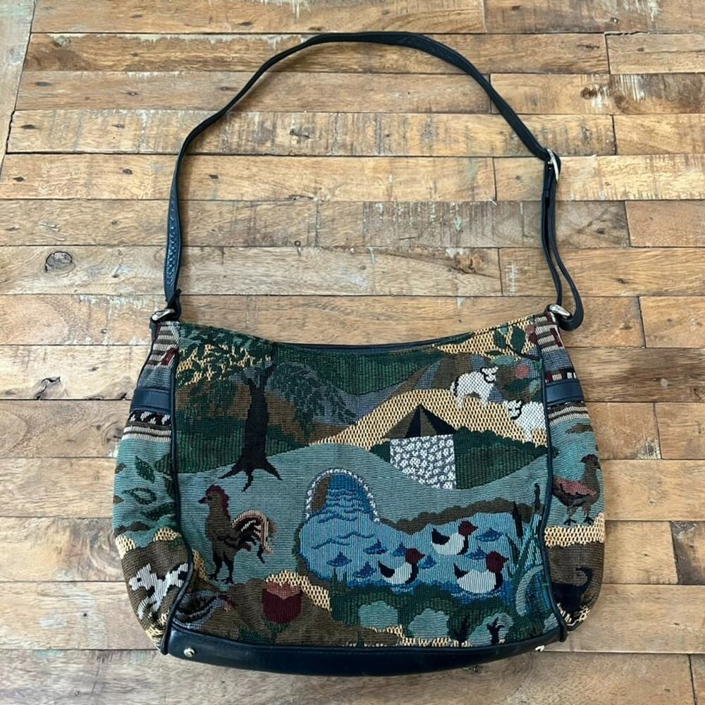 Vintage SAS Tapestry Leather Shoulder Purse Farm Animals Print Zip Closure